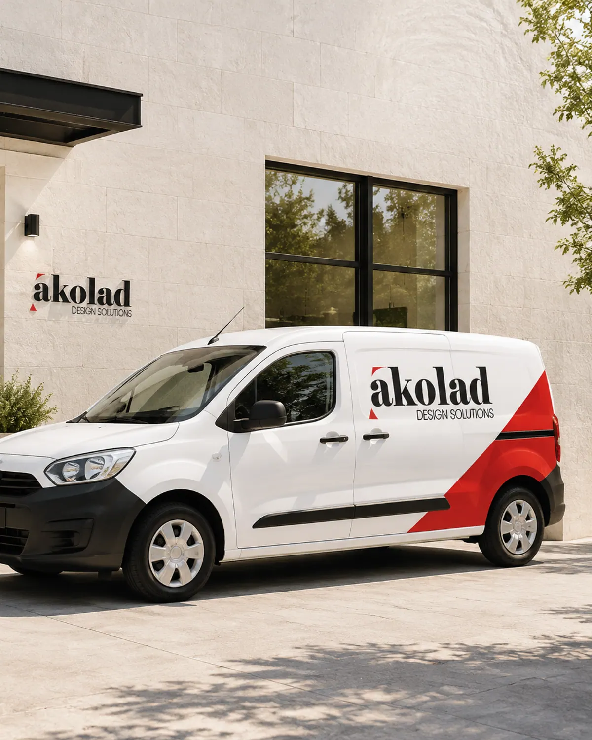 A white van with red and black livery parked in front of a stone building.