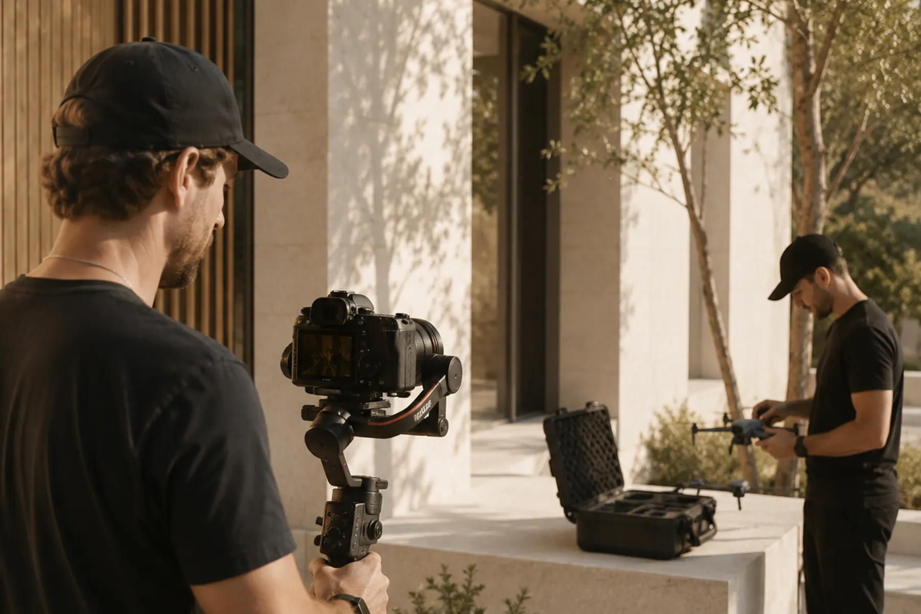A camera operator working with a gimbal outside a building, a second crew member opening equipment cases behind him.