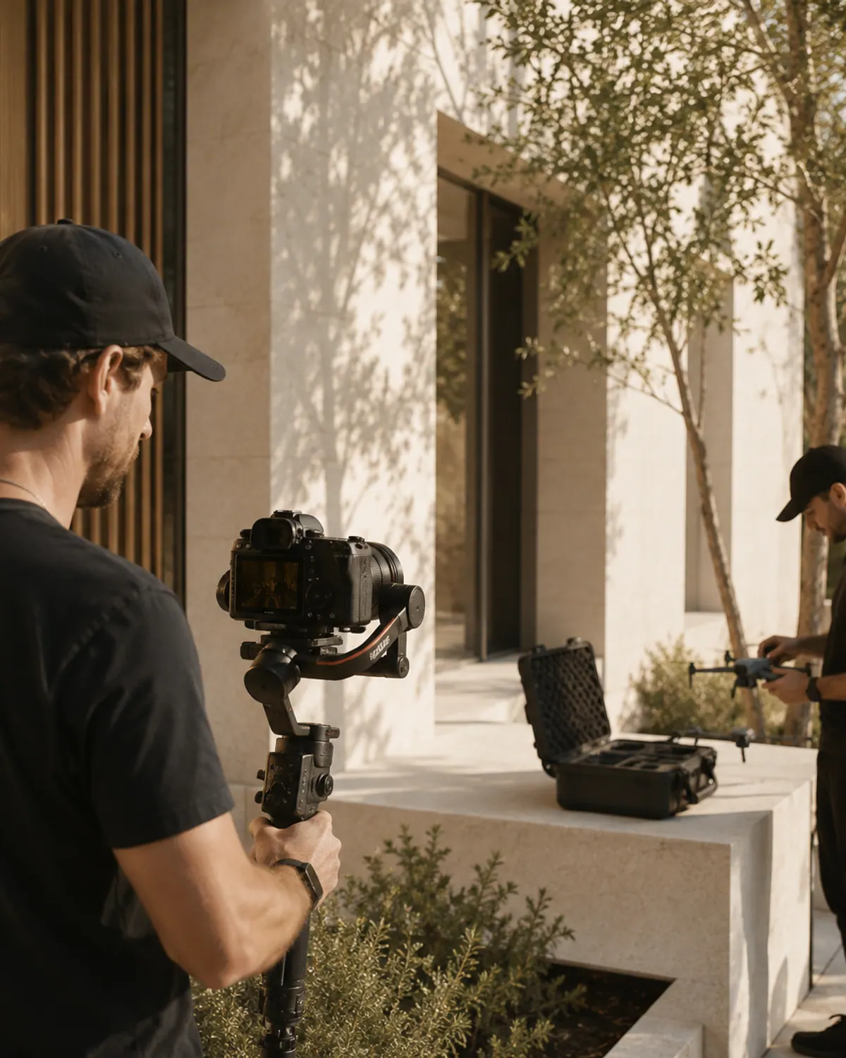 A camera operator working with a gimbal outside a building, a second crew member opening equipment cases behind him.