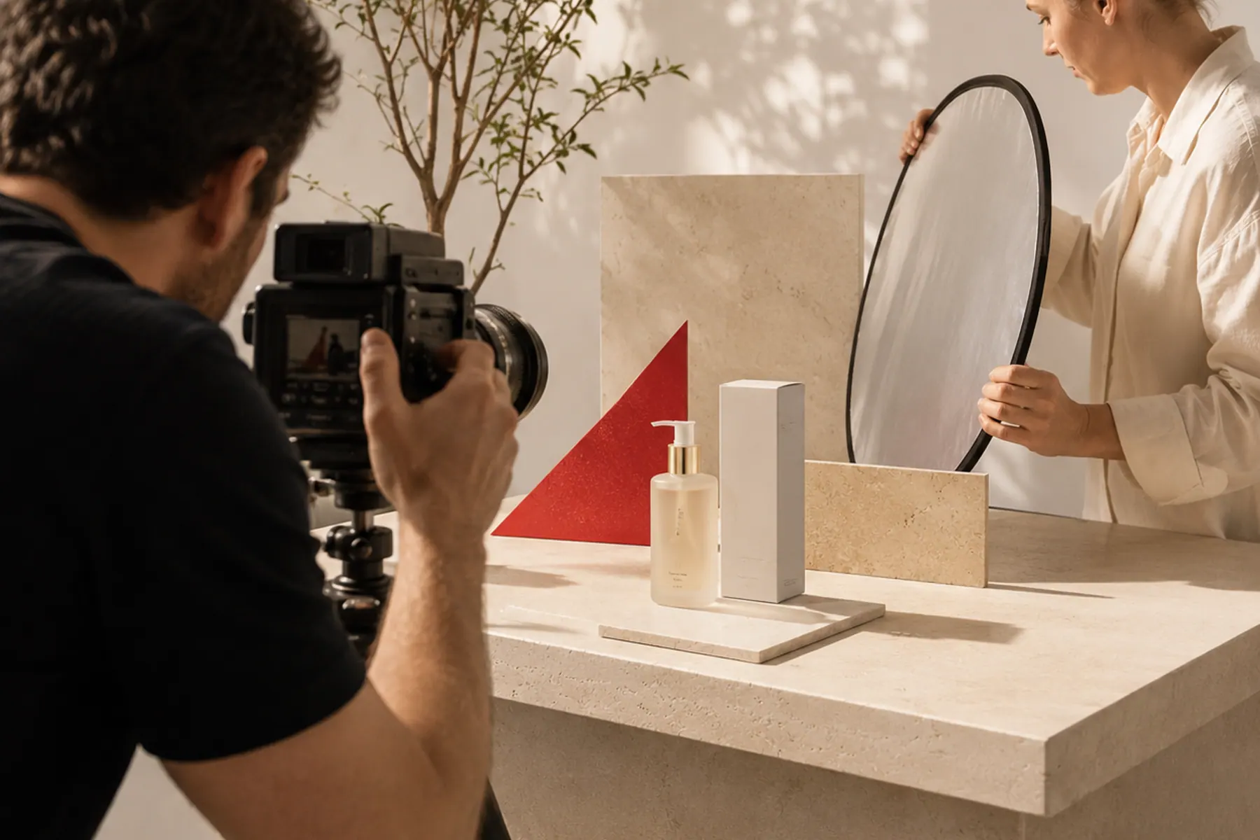 A photographer at a tripod-mounted camera shooting bottles arranged on a stone plinth, while an assistant holds a round reflector into the light.