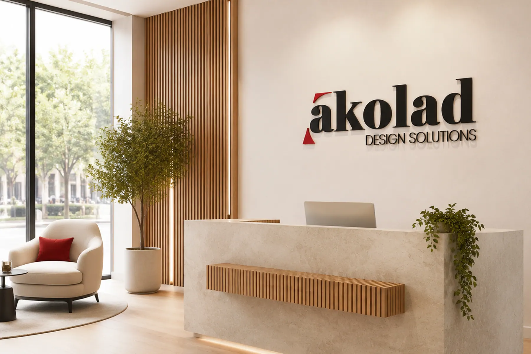 A reception area with built-up lettering mounted on a pale plaster wall above a stone desk.
