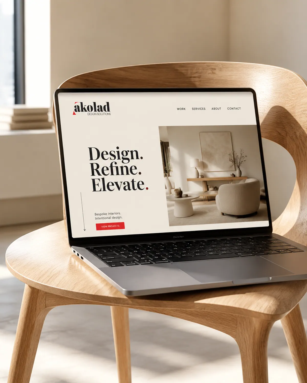 A laptop on a wooden chair showing a website homepage with a large serif headline and an interior photograph.